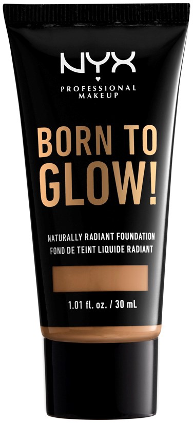Produkt do makijażu twarzy w czarnej tubce, beżowy tekst i próbka pod spodem. Mówi "Born to Glow!".