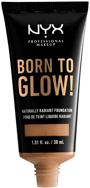 Tuba podkładu NYX z czarnym i beżowym opakowaniem, oznaczona "Born to Glow" i "Radiant Foundation."