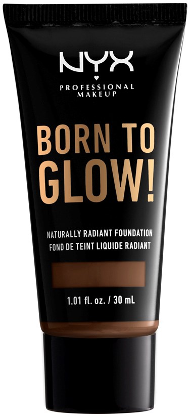 Czarna tubka podkładu NYX z grubym, beżowym tekstem "Born to Glow!" i zawiera 30 ml produktu.