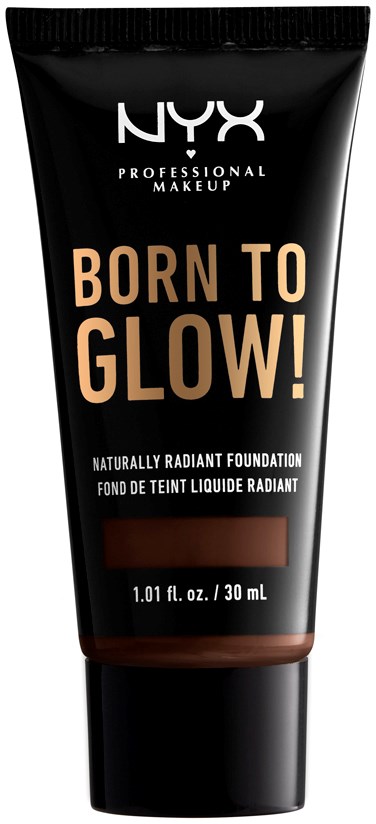Czarna tubka podkładu NYX z napisem "BORN TO GLOW!" i opisem promienistego makijażu.