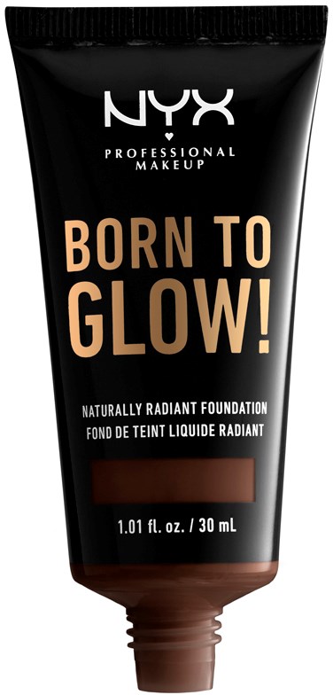 Tuba podkładu NYX z czarnym i brązowym wzorem, z napisem "Born to Glow!" i "Naturally Radiant Foundation".