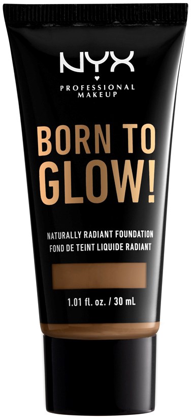 Czarna tubka podkładu NYX z beżowym napisem "Born to Glow!" i szczegółami produktu.