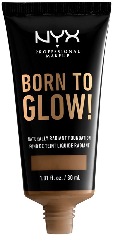 Czarna tubka z logo NYX Professional Makeup, oznaczona "Born to Glow" płynne podkłady, 30 mL.