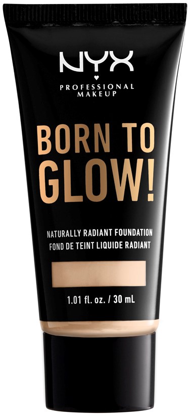 Tycie podkładu NYX z napisem 'Born to Glow!'. Czarna opakowanie, widoczny beżowy produkt.