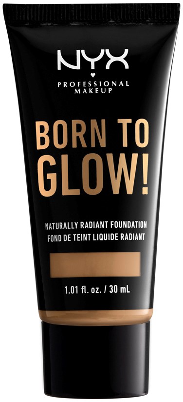 Czarna tubka podkładu NYX z beżowym napisem 'Born to Glow!' i beżową taśmą na dole.