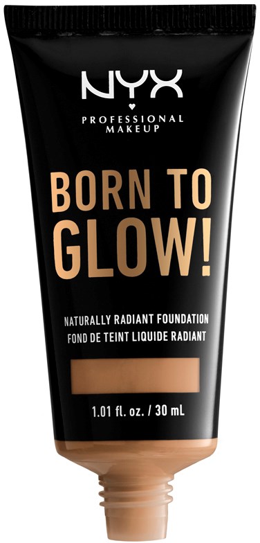 Czarna tubka z beżowym i białym tekstem, prezentuje podkład NYX, oznaczony "Born to Glow!".