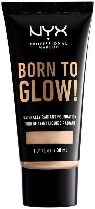 Czarna tubka podkładu NYX z beżowym napisem 'Born to Glow!'. Twierdzi, że jest naturalnie promienna.