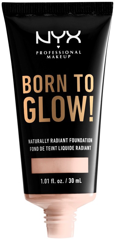 Czarna tubka podkładu NYX z beżowym nakrętką, tekst "Born to Glow!" i "Naturalnie promienna podkład."