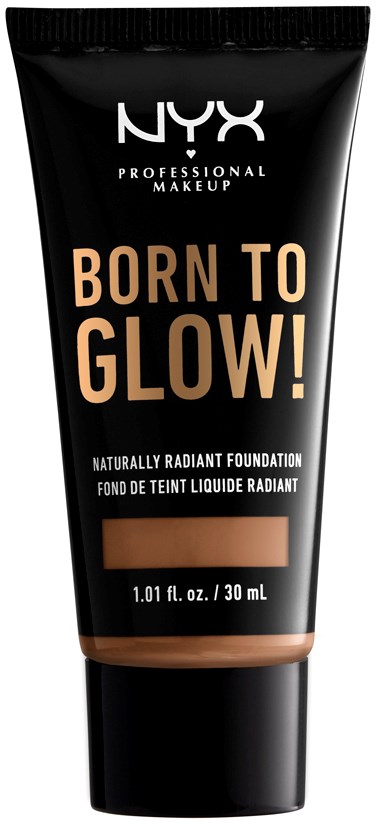 Czarna tubka podkładu NYX z pomarańczowym napisem "Born to Glow!" i beżowym paskiem u dołu.