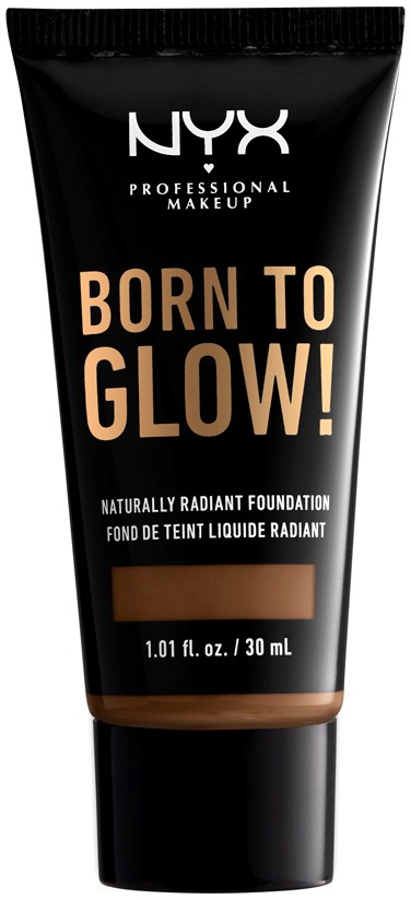Czarna tubka podkładu NYX z złotym i białym tekstem, mówiąca "Born to Glow!" oraz szczegóły produktu.