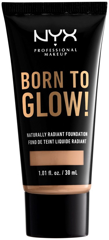 Czarna tubka podkładu NYX z napisem "Born to Glow!" dużą czcionką i próbą beżowego koloru na dole.