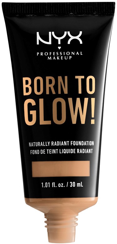 NYX Born to Glow! płynny podkład w tubce, czarny z beżowym tekstem, pokazuje produkt i nazwę marki.