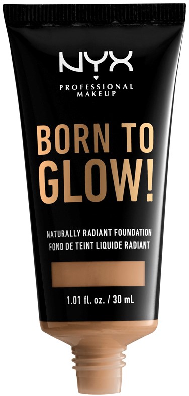 Czarna tubka NYX z napisem 'Born to Glow!' i beżowym produktem oraz zakręcanym korkiem.
