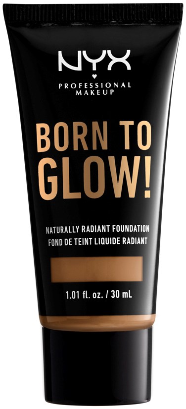 Czarna tubka podkładu NYX z napisem "Born to Glow!" i szczegółami produktu do promiennej skóry.
