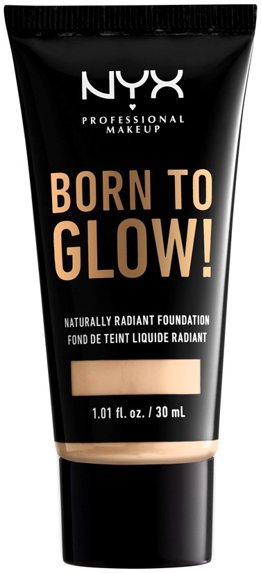 Czarna tubka NYX makijażu z beżowym i białym tekstem, pokazująca, że to podkład 'Born to Glow!'.