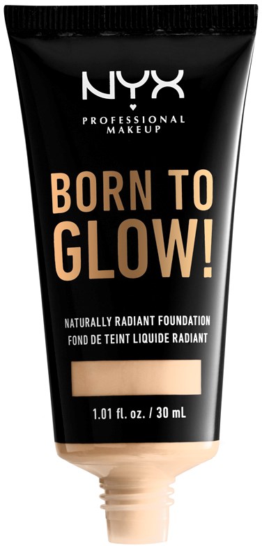 Czarna tubka podkładu z beżowym nakrętkiem, logo NYX i tekst: BORN TO GLOW! dla promiennej skóry.