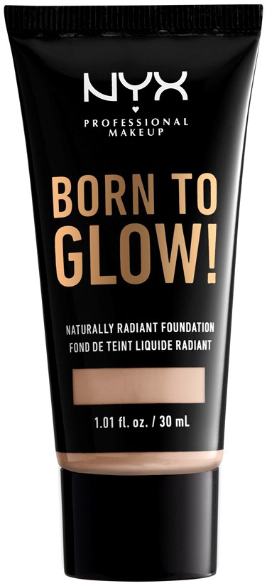 Czarna tubka podkładu NYX z hasłem "Born to Glow!" i informacją, że to rozświetlający płynny podkład.