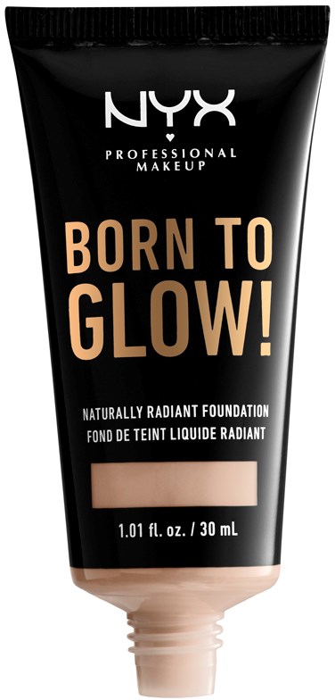 Tuba makijażu podkładu NYX Professional Makeup z napisem "Born to Glow!" w beżowym kolorze, z czarnym tłem i białym tekstem.