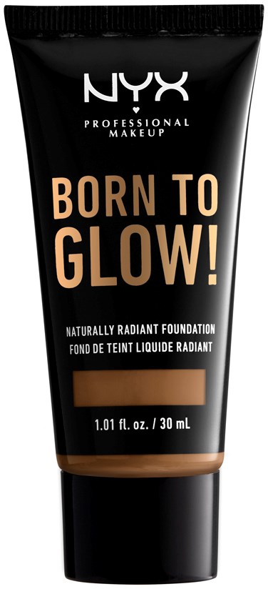 Eine schwarze Make-up-Tube mit goldener und weißer Schrift sagt "Born to Glow!" und "NYX Professional Makeup".