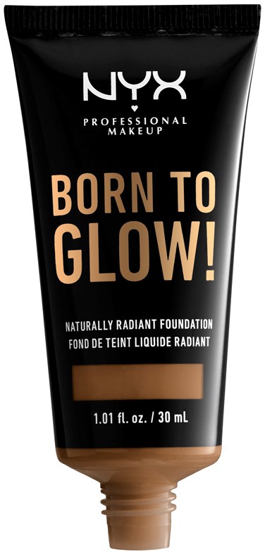 NYX Born to Glow Foundation-Tube mit schwarzer und beiger Verpackung, Text sagt "Born to Glow" und "Radiant Foundation."