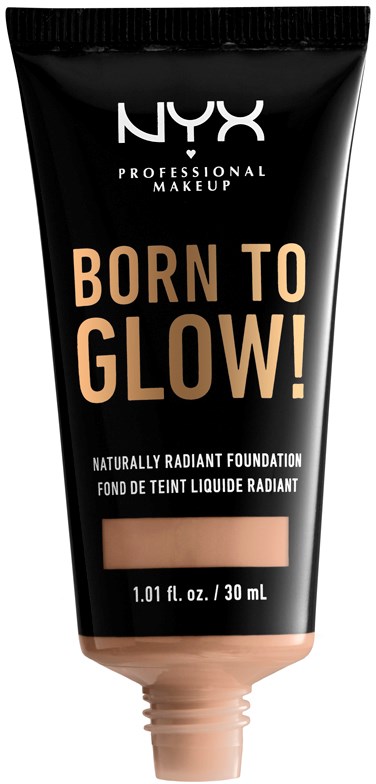 Czarna tubka NYX z napisami "BORN TO GLOW!" w beżowych literach i beżowym odcieniem pod spodem.