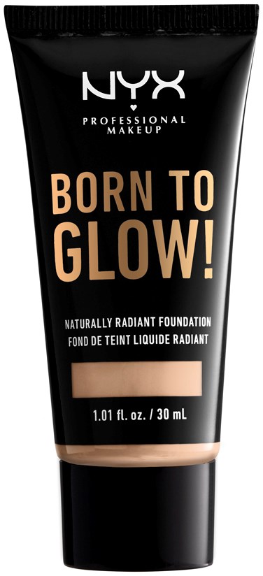 Rurka podkładu NYX z odważnym tekstem: "Born To Glow!" na czarnym tle, 30 ml.