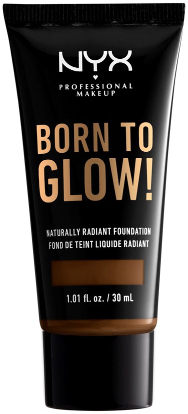 Czarna tubka podkładu NYX z beżowym i miedzianym tekstem, z napisem "Born to Glow!".