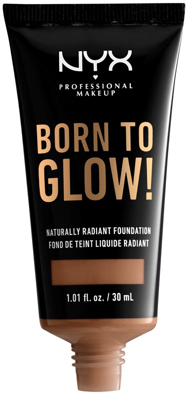NYX Born to Glow! tubka podkładu w czerni z złotym i białym napisem. Zawiera płynny podkład dla promiennej skóry.