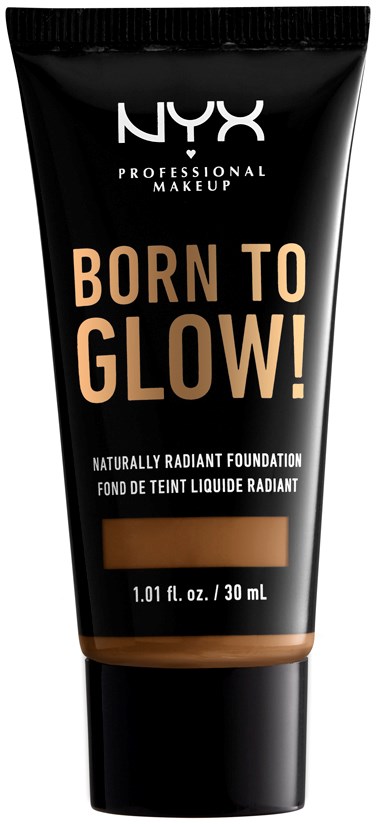 Czarna tubka podkładu NYX z napisem 'Born to Glow!'.