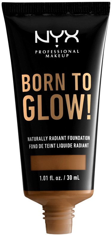 Cienki czarny tub z beżowymi napisami i brązowym odcieniem na dole. NYX, Born to Glow, podkład, 30 ml.