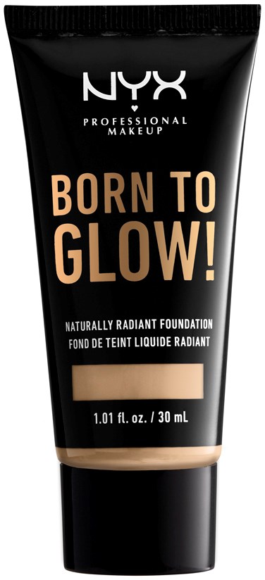 Czarna tubka podkładu NYX z napisem 'Born to Glow!' na czerwono i beżowy odcień pokazujący kolor produktu.