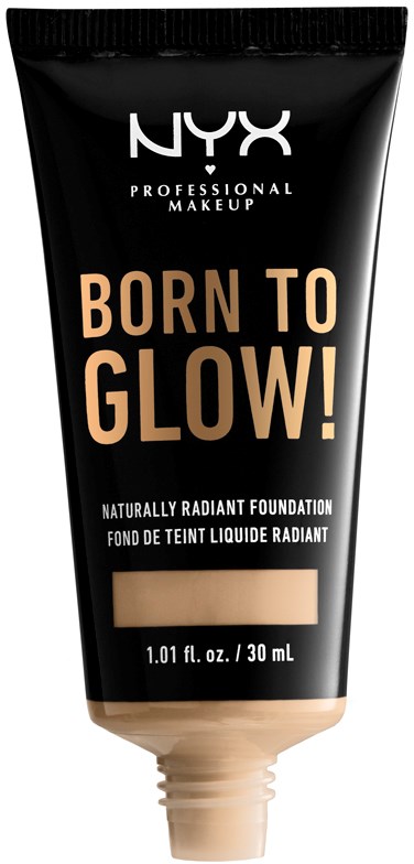 Czarna tubka podkładu NYX z beżowym zamknięciem, tekst "Born to Glow!" i opisuje go jako promienny, płynny.