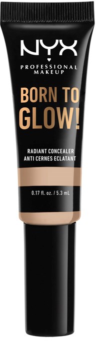Czarna tubka NYX Radiant Concealer z beżowym końcówką, oznaczona 'Born to Glow!'.