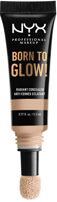 Czarna tubka NYX Radiance Concealer z beżowym zakrętką i gąbkowym aplikatorem. Tekst mówi "Born to Glow!".