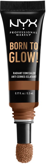Czarna tubka NYX z szminką z napisem "Born to Glow!" w pomarańczowym i brązowym, z gąbkowym aplikatorem.
