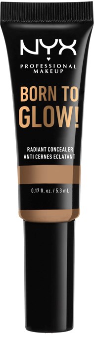 Czarna tubka korektora NYX Radiance, z złotym napisem 'Born to Glow' i widoczną niewielką ilością produktu.
