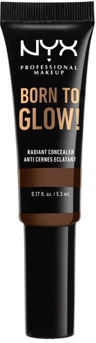 Tuba NYX Radiance Concealer w czerni i brązie, oznaczona 'Born to Glow!' i 'Radiant Concealer'.
