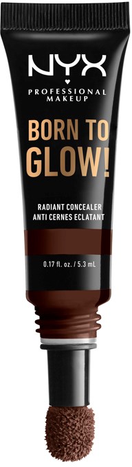 Czarna tubka korektora NYX z gąbką aplikacyjną, oznaczona 'Born to Glow' złotym i białym tekstem.