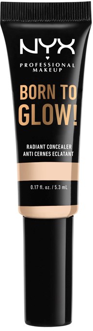 Czarna tubka z brandingiem NYX, oznaczona 'Born to Glow!', promująca rozświetlacz, z widocznym beżowym produktem przy otworze.