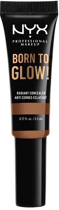 Czarny tubka z logo NYX i słowami "Born to Glow!" na złoto. To jest rozświetlający korektor.