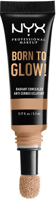 Tuba NYX rozświetlającego korektora z gąbką aplikującą, oznaczona 'Born to Glow'.