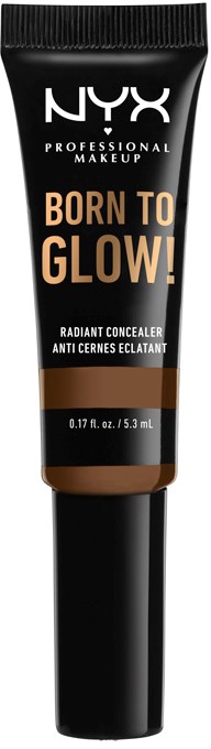 Czarna tubka makijażu NYX z pomarańczowym i białym tekstem, oznaczona jako 'Born to Glow!' korektor.