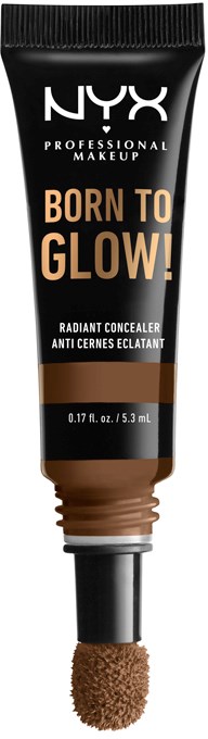Mała tubka korektora NYX Radiance z gąbką aplikacyjną, oznaczona "Born to Glow!" w czerni, brązie i bieli.
