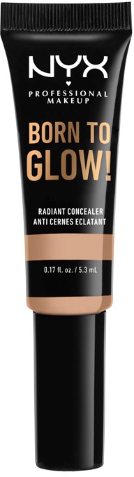 Tuba NYX Radiant Concealer w czarnym i brązowym kolorze, oznaczona 'Born to Glow!'.