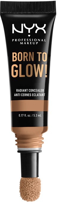 Tuba NYX Born to Glow Radiant Concealer z gąbką aplikacyjną. Czarna i brązowa opakowanie, tekst na tubce.