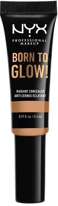 Eine schwarze Tube mit NYX oben, beschriftet 'Born to Glow' und 'Radiant Concealer', mit einer kleinen beige Menge am unteren Ende.