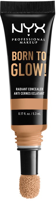 Eine Tube NYX Concealer mit Schwammapplikator, gekennzeichnet "Born to Glow" und "Radiant Concealer".