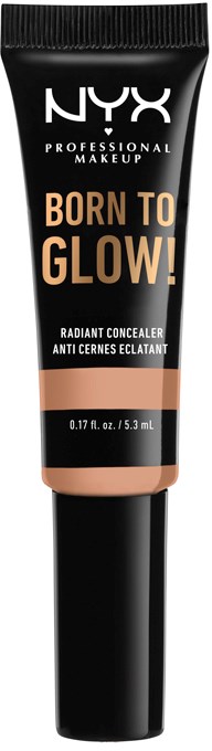 A black tube of NYX Radiant Concealer, labeled 'Born to Glow!' with a beige cap, designed for makeup correction.