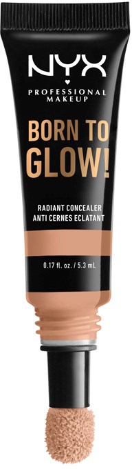 A black tube of NYX makeup product with beige and orange text, and a sponge applicator at the tip.