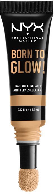 NYX Born to Glow korektor rozświetlający w czarnej i złotej tubce z gąbkowym aplikatorem.